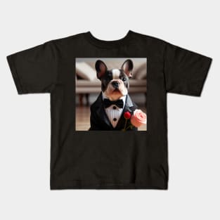 French bulldog wearing tuxedo and bow tie with pink rose Kids T-Shirt